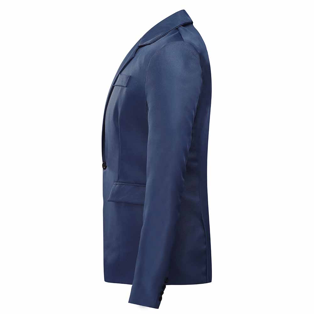 Navy # Men's slim fit one-button casual blazer with notched lapel and dual side vents, navy tailored sport coat with two front flap pockets and little shiny fabric, versatile cotton polyester blend jacket for business casual, office, party and daily wear, isolated on white background.