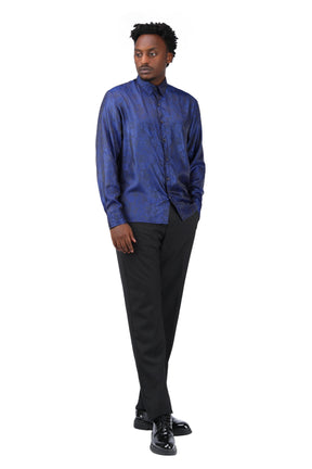 Slim Fit Embroidered Navy Paisley Shirt