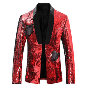 Red Buttonless Reversible Sequins Satin Collar Blazer -Cloudstyle