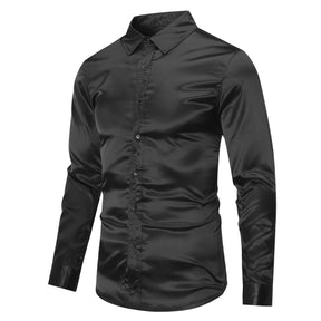 Men's Casual Fashion Shiny Long Sleeve Lapel Shirt Black