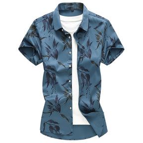 Slim Fit Bamboo Leaves Blooming Shirt DarkBlue