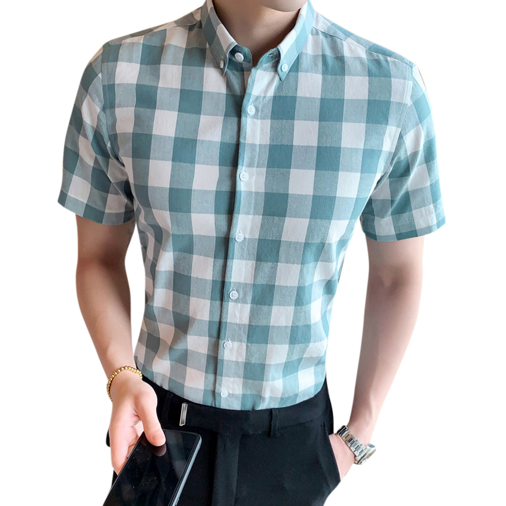 Men's Plaid Square Collar Short Sleeve Shirt Green