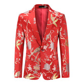 Men's One Button Notched Lapel Embroidered Blazer Red