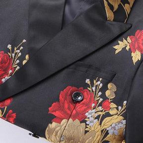 Mens 2-Piece Peony Print Lapel Double Breasted Suit