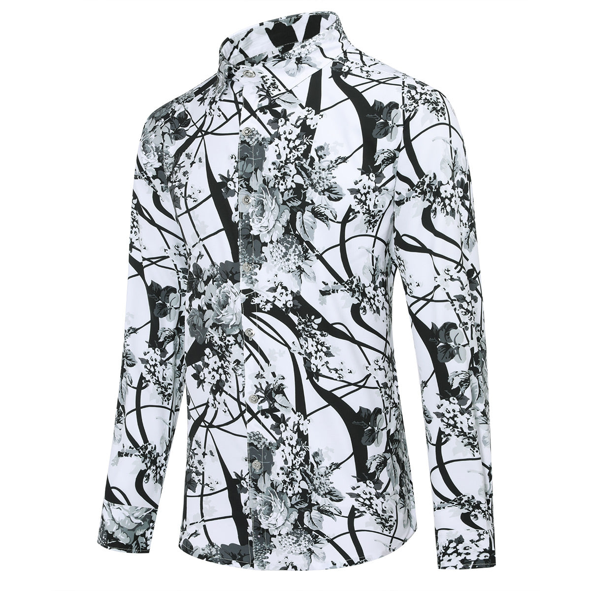Slim Fit White Plum Flower Print Shirt Black