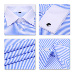 Men's Dress Shirt Slim Fit Button Down Stripe Checked Shirt Blue