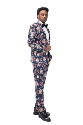 2-Piece Slim Fit Floral Print Suit Navy