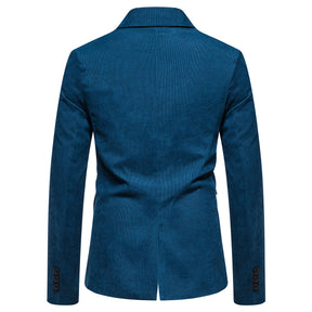 2-Piece Solid Color Two Button Single Breasted Corduroy Suit Blue