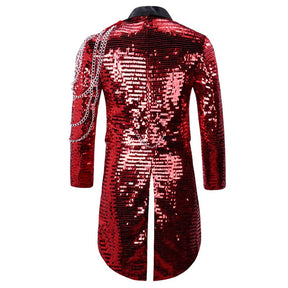 Red Shiny Sequin Party Swallowtailed Coat