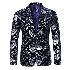 Men's Casual Slim Fit Blazer Shiny Printed Jacket Silver And Black