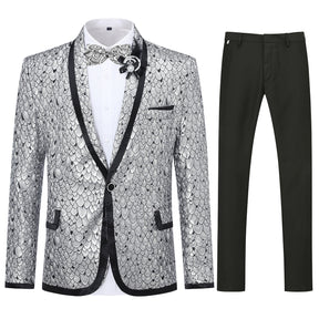 3-Piece Slim Fit Silver Sequin Fish Scales Suit