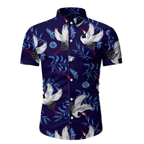 Mens 2-Piece Hawaii Print Style Summer Suit Dark Blue