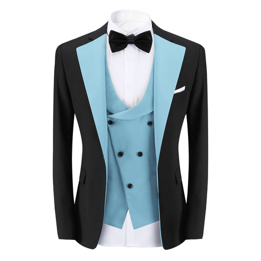Men's 3-Piece Fashion One Button Color-Blocking Suit Light Blue - Cloudstyle