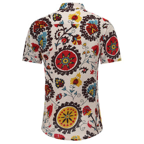 Men's Slim Fit Multicolor Flower Print Short Sleeve Shirt