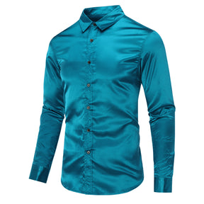 Men's Casual Fashion Shiny Long Sleeve Lapel Shirt Lake Blue