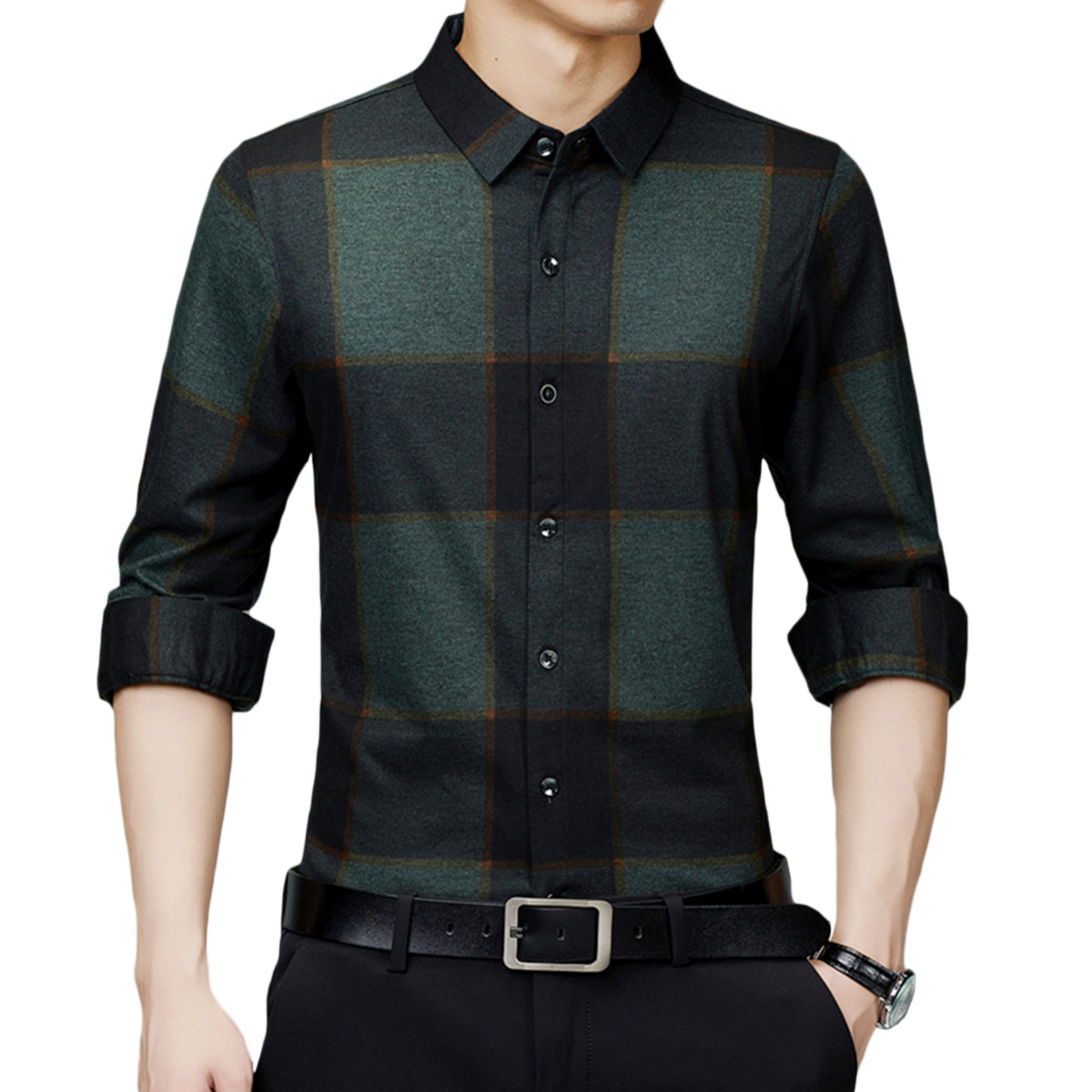 Men's Lapel Long Sleeve Cotton Plaid Shirt Dark Green
