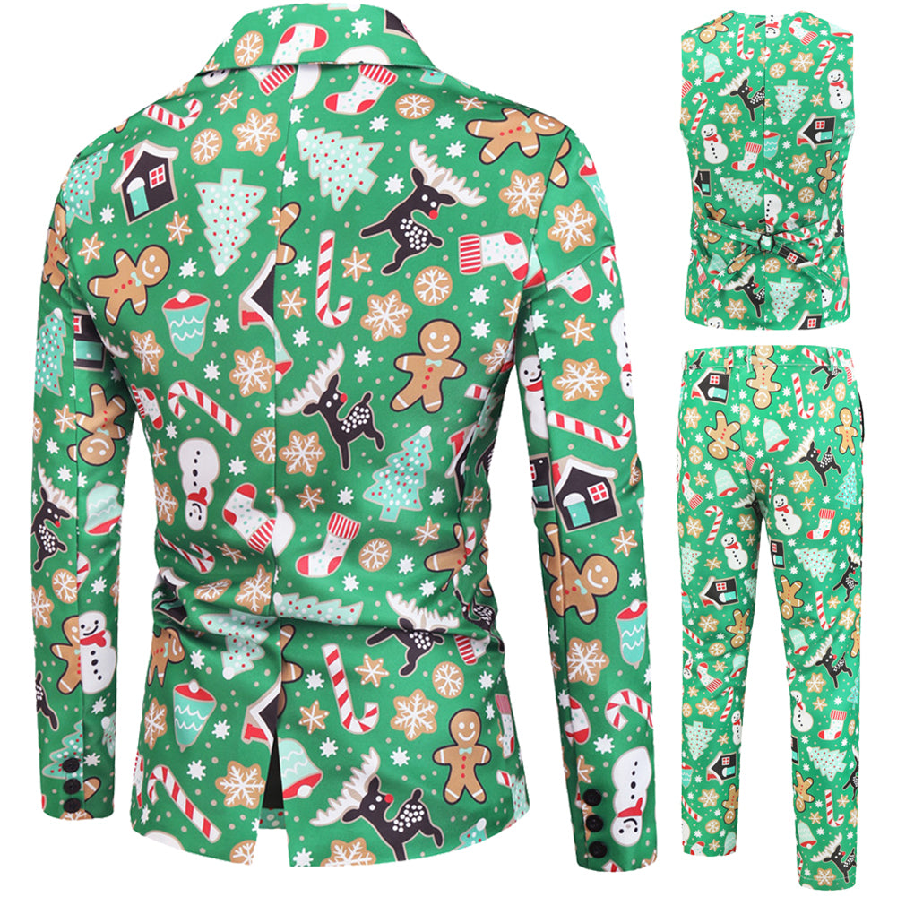 Men's 3-piece Snowman Christmas Print Suit Green