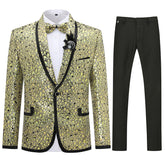 3-Piece Slim Fit Gold Sequin Fish Scales Suit