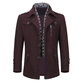 Slim Fit Casual Soild Darkred Overcoat With Removable Scarf