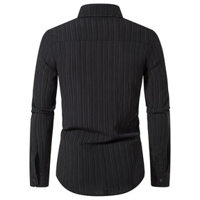 Men's Solid Color Lapel Wavy Long Sleeve Shirt Black