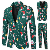 Men's 3-piece Santa Claus Christmas Print Suit Dark Green
