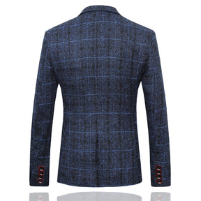 Men's Plaid One Button Wool Suit 3-piece Suit Dark Blue