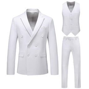 3-Piece Mens Solid Color Two-Button Double-Breasted Suit Set White