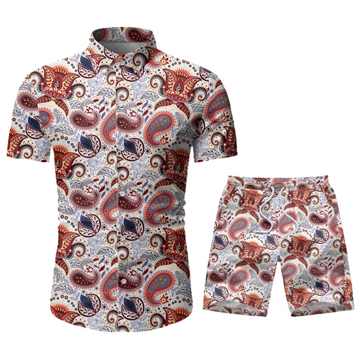 Mens 2-Piece Hawaii Print Style Summer Suit White