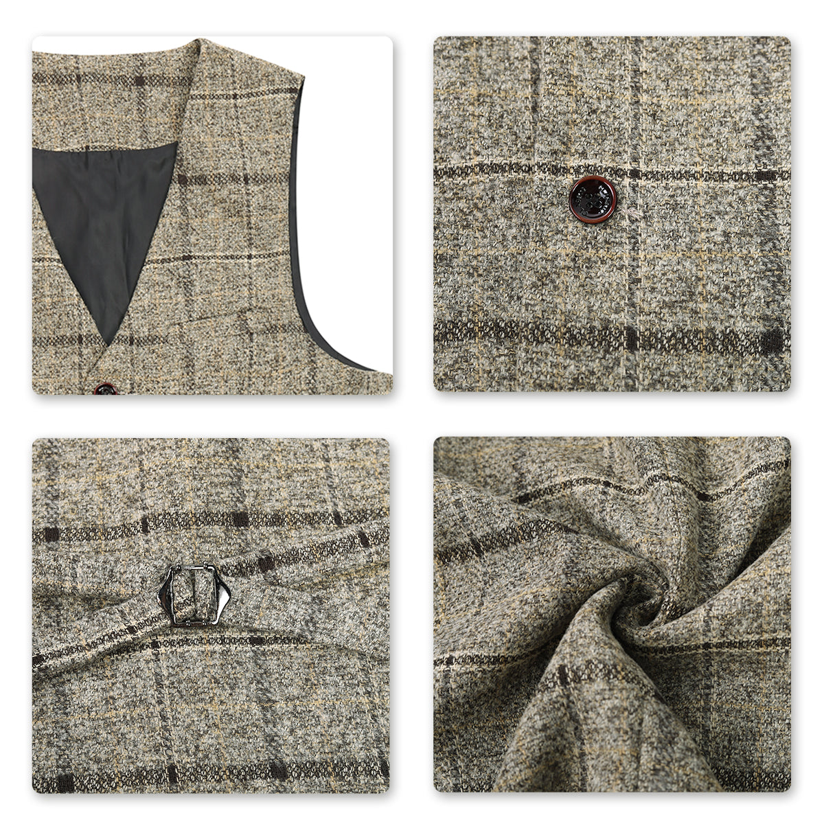 Men's Plaid One Button Wool Suit 3-Piece Suit Beige