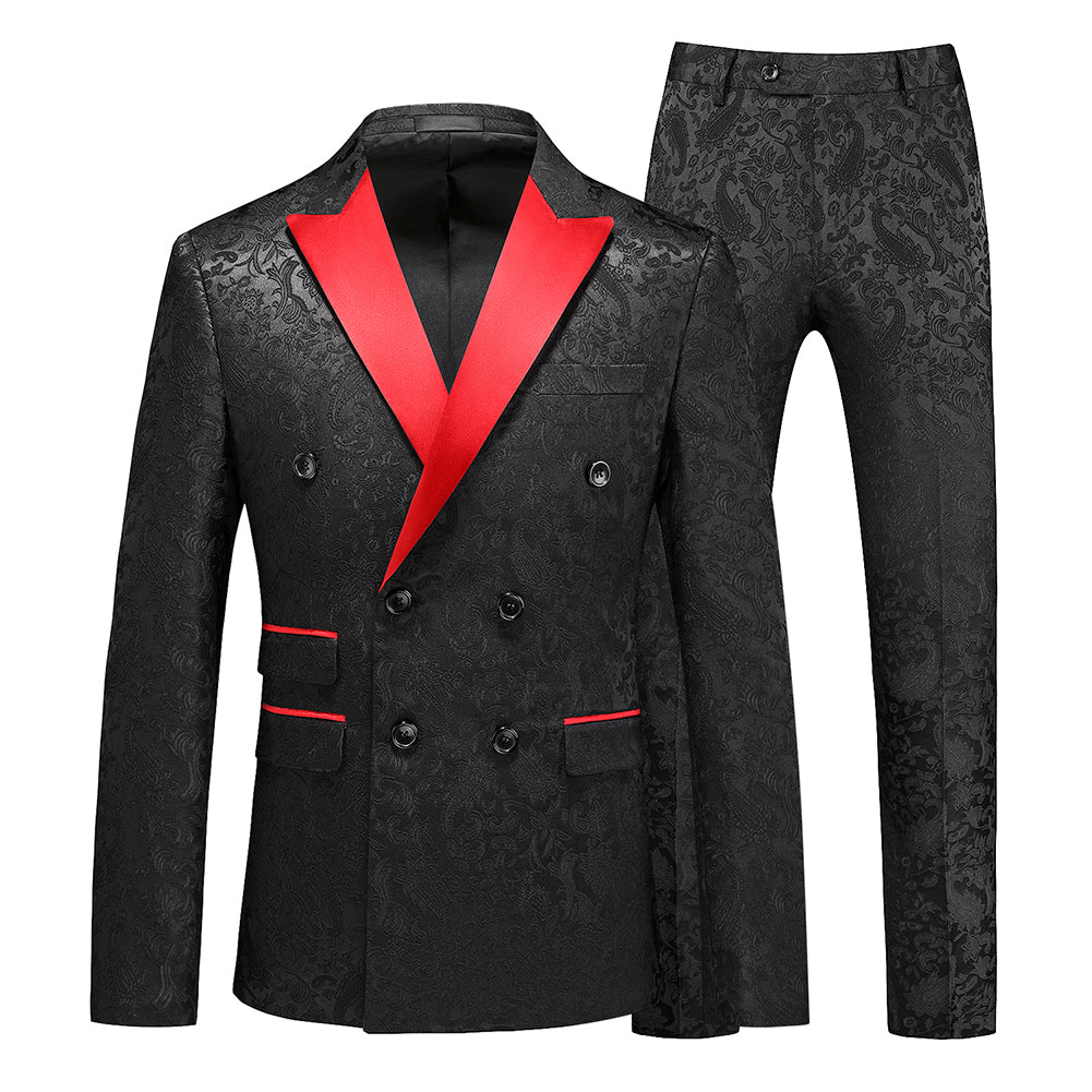 Men's Color Block Print Double Breasted Suit Black