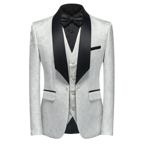 Men's Shawl Collar Print Suit 3-Piece Dress Suit White