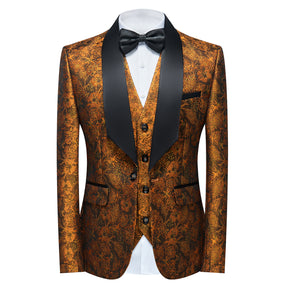 Men's Shawl Collar Print Suit 3-Piece Dress Suit Orange