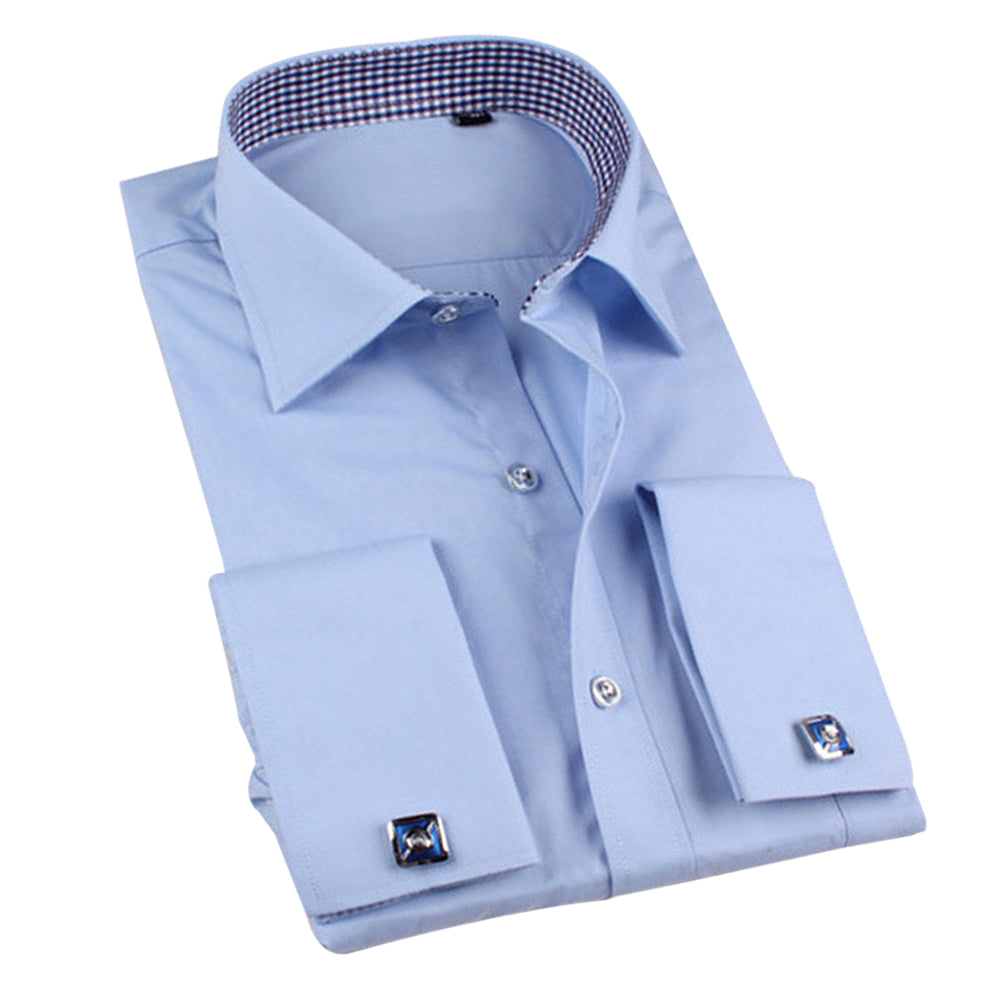 Men's Dress Shirt Slim Fit Button Down Stripe Checked Shirt Blue - Cloudstyle