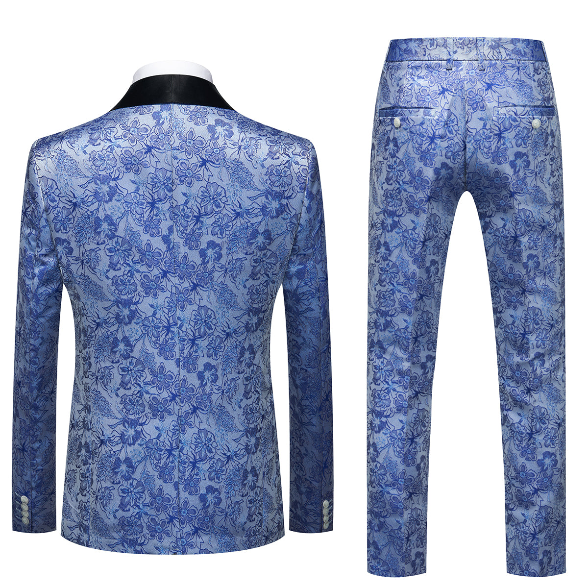 Men's Shawl Collar Print Suit 3-Piece Dress Suit Blue