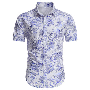 Slim Fit Bronzing Blue Leaves Shirt White
