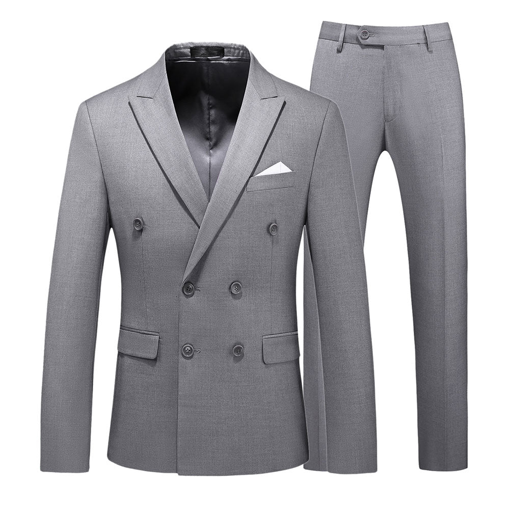 2-Piece Double Breasted Solid Color Grey Suit