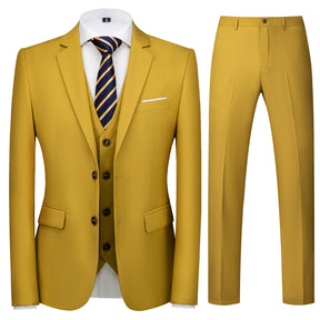 Men's Two-Button Back Slit Lapel Collar 3-Piece Suit Straw Yellow