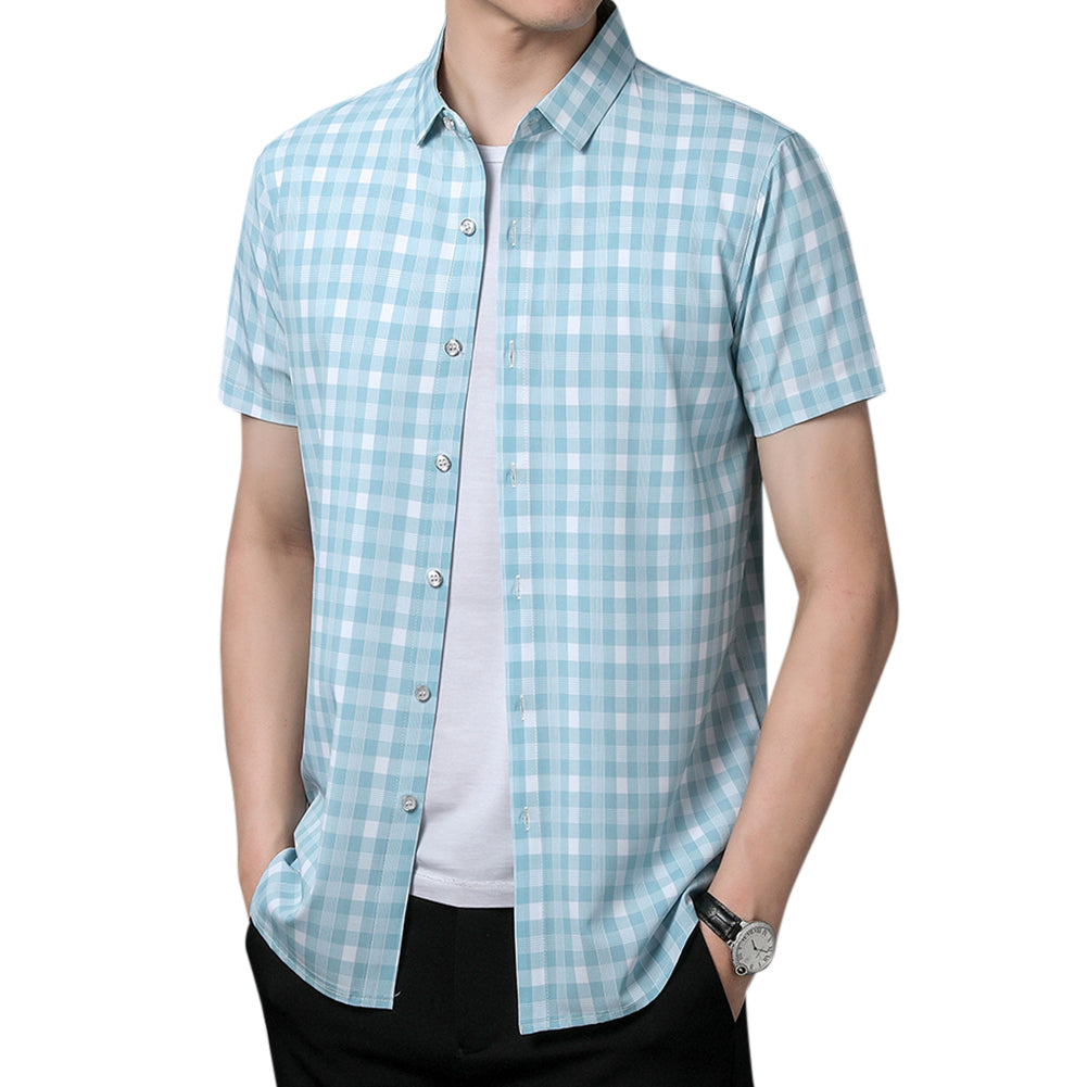Men's Plaid Lapel Short Sleeve Shirt Green